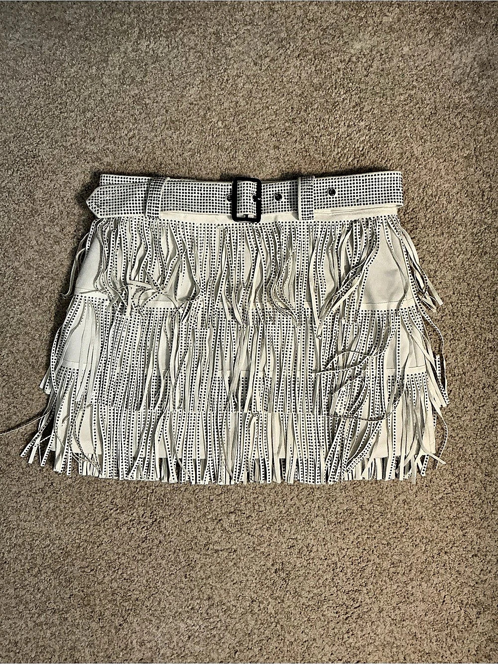 Nylon Apparel Rhinestone Fringe Belted Mini Skirt